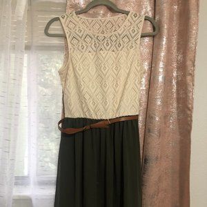 Army Green and Lace Sleeveless Dress - Medium